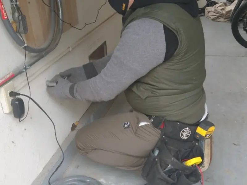 Electrician performing outlet wiring in a Radcliff garage